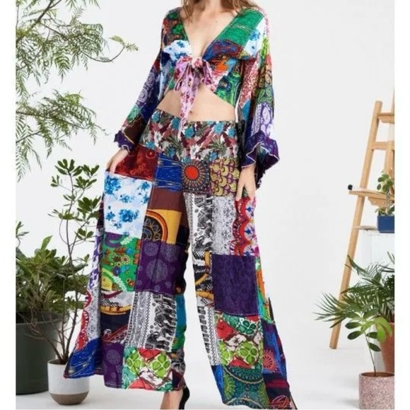 NWT Patchwork Palazzo Vibrant Multicolor Pants - Picture 12 of 13
